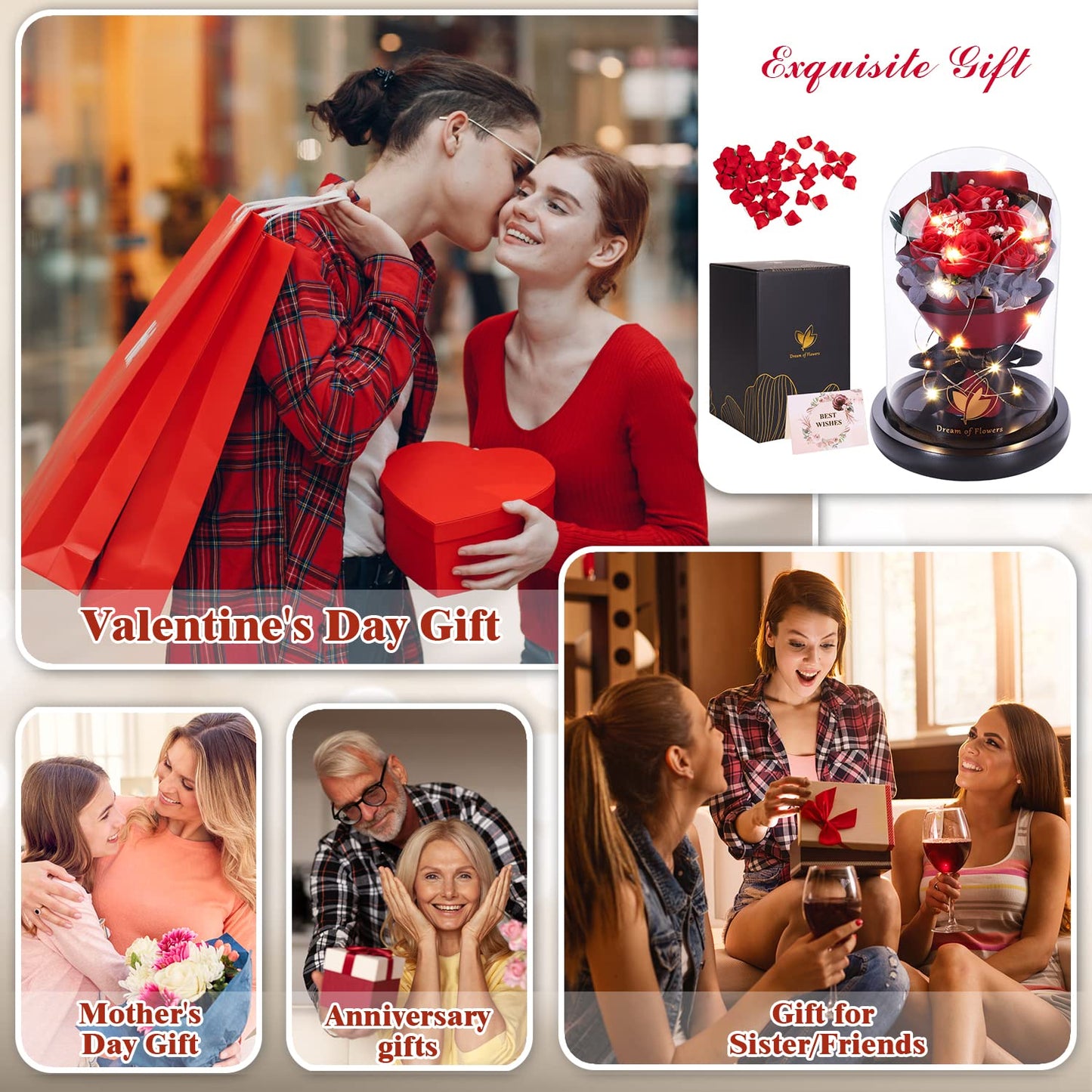 Birthday Flowers Gifts for Women,Anniversary Rose Gift for her,Beauty and The Beast Rose in Glass Dome with 2 Lighting Mode,Forever Flowers Bouquets Birthday Gifts for Women Mom Wife Girlfriend