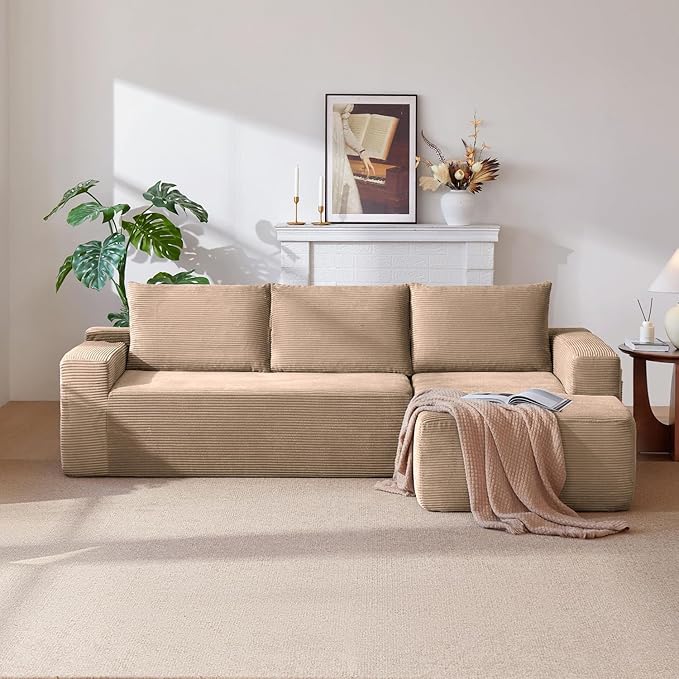 Vanress 97" Cloud Couch Sectional, Corduroy Boneless Couch with L-Shape Chaise,Modern Modular Sectional Sofa Comfy Deep Seat for Living Room, Bedroom, No Assembly (Camel, Right Facing Chaise)