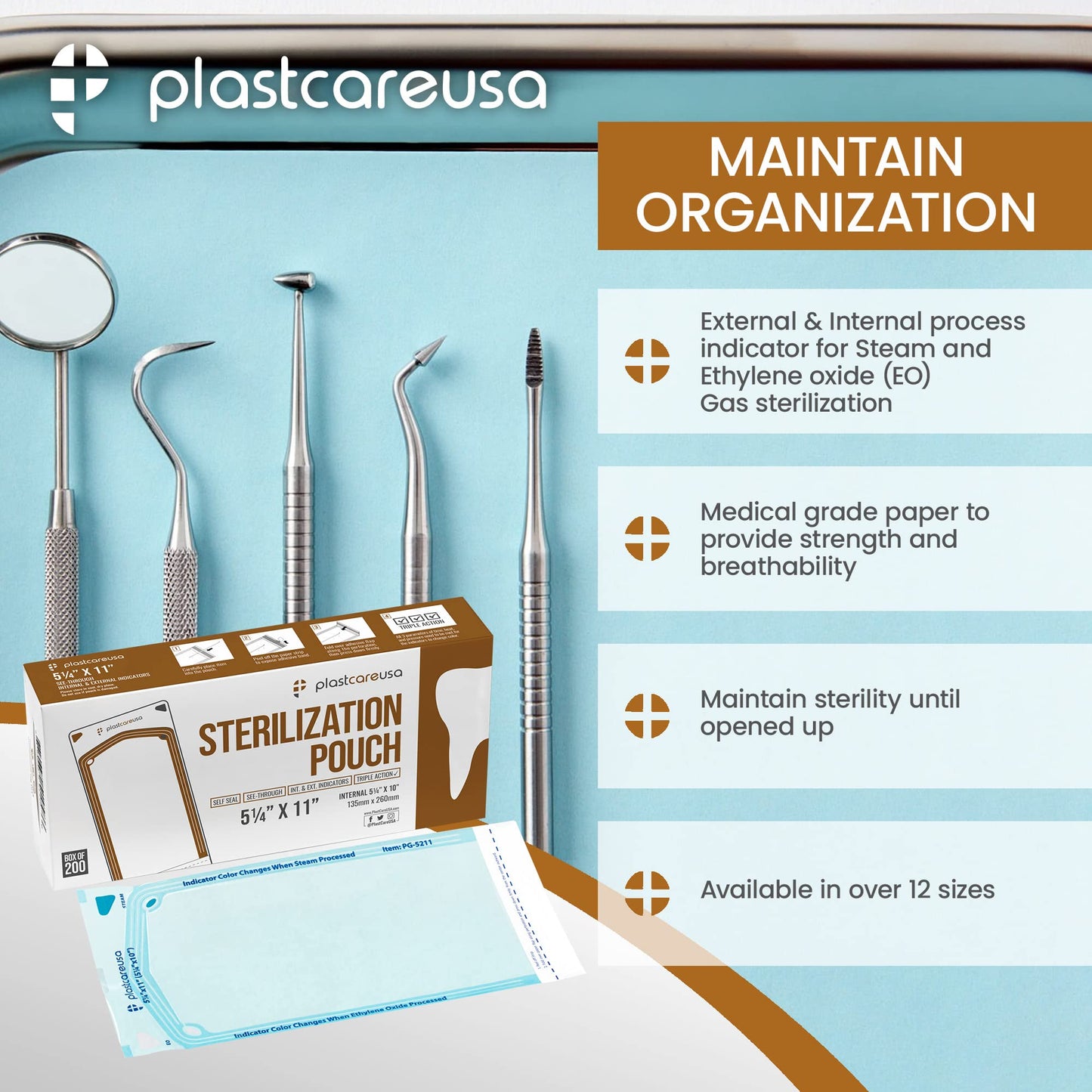 200 5.25 x 10 Self Sealing Sterilization Pouches - Autoclave Sterilizer Bags Pouch for Sterilizing Dental Medical Instruments and Cleaning Tools - Latex-Free, Color Changin Indicator by PlastCare USA
