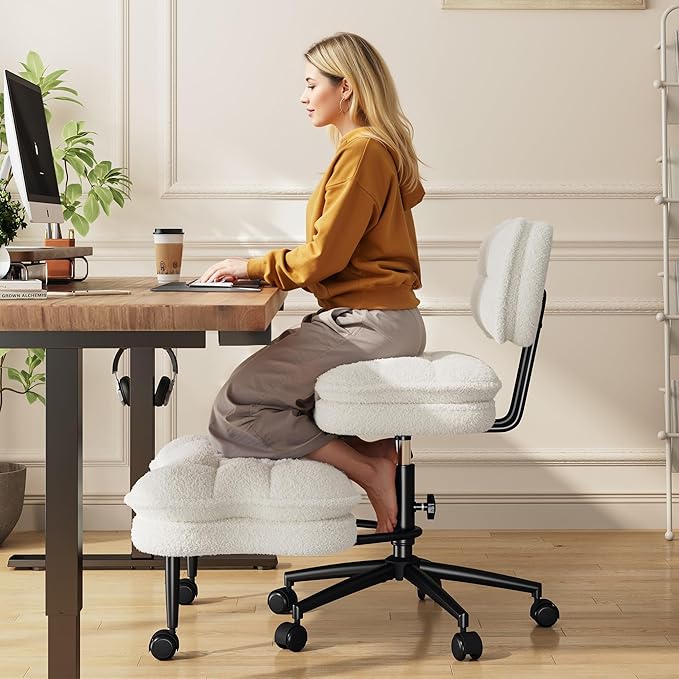 Ergonomic Cross Legged Office Chair, 360° Swivel Meditation Chair with Wheels, Kneeling Desk Chair with Height Adjustable Seat for ADHD,Relaxation, Home Office,Beige