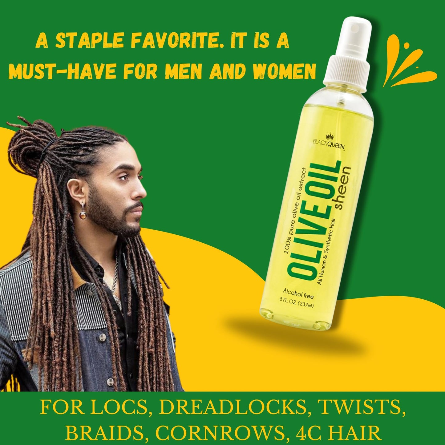 Black Queen Olive Oil Sheen Spray for Locs, Dreadlocks, Twists, Braids, Cornrows, 4C Hair - Moisturizing, Refreshing - 8 oz - Ma