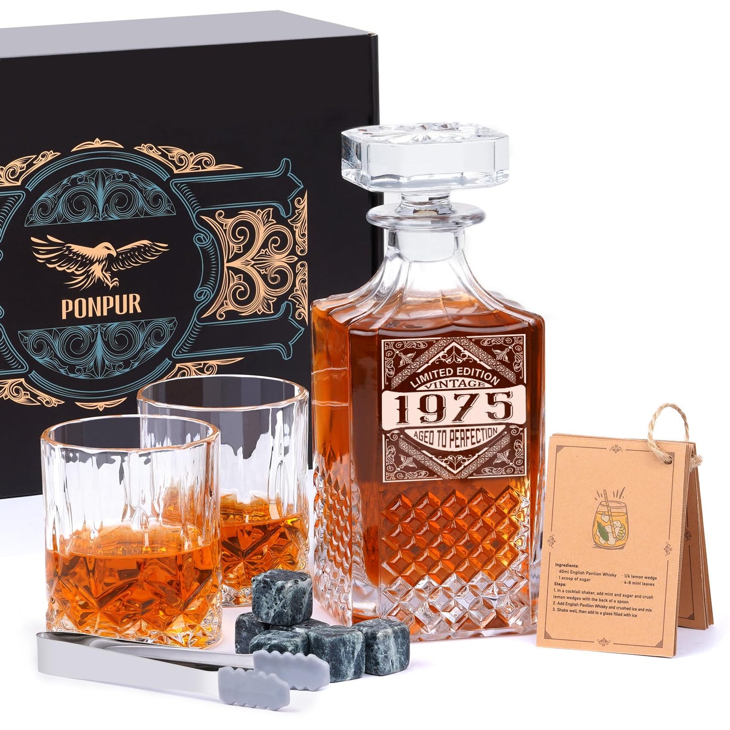 PONPUR 50th Birthday Gifts For Men Dad, 1975 Laser Whiskey Decanter Set with Gift Box, Anniversary Birthday Gift Ideas for Him Husband, 50 Years Bday Decorations, Whiskey Glasses & Whisky Stones Inc.