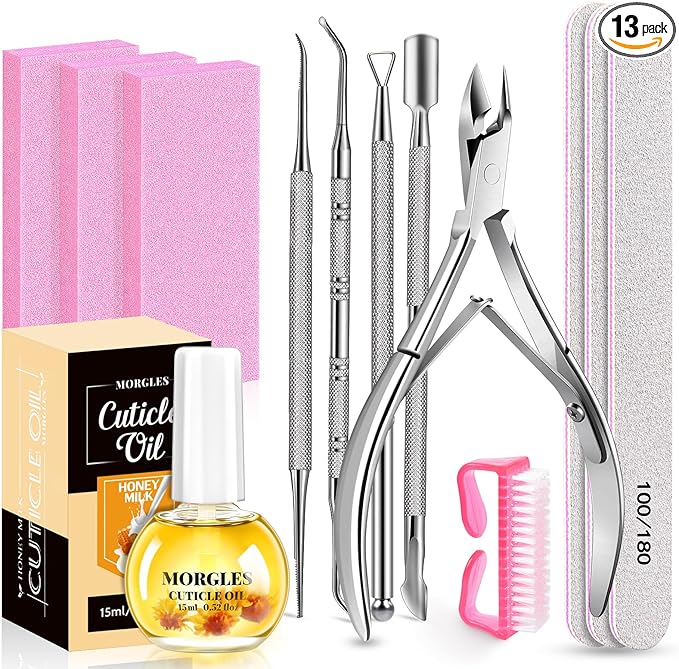 MORGLES Nail File and Buffer Blocks with Nail Care Kit, 13 Pcs Manicure Kit for Women with Milk and Honey Cuticle Oil and ...