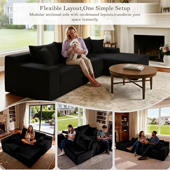 105’’ L-Shape Modular Sectional Sofa with Chaise, Convertible Cloud Couch, Corduroy Fabric & High-Density Memory Foam, No Assembly Required for Living Room (Black, Right Facing Chaise)