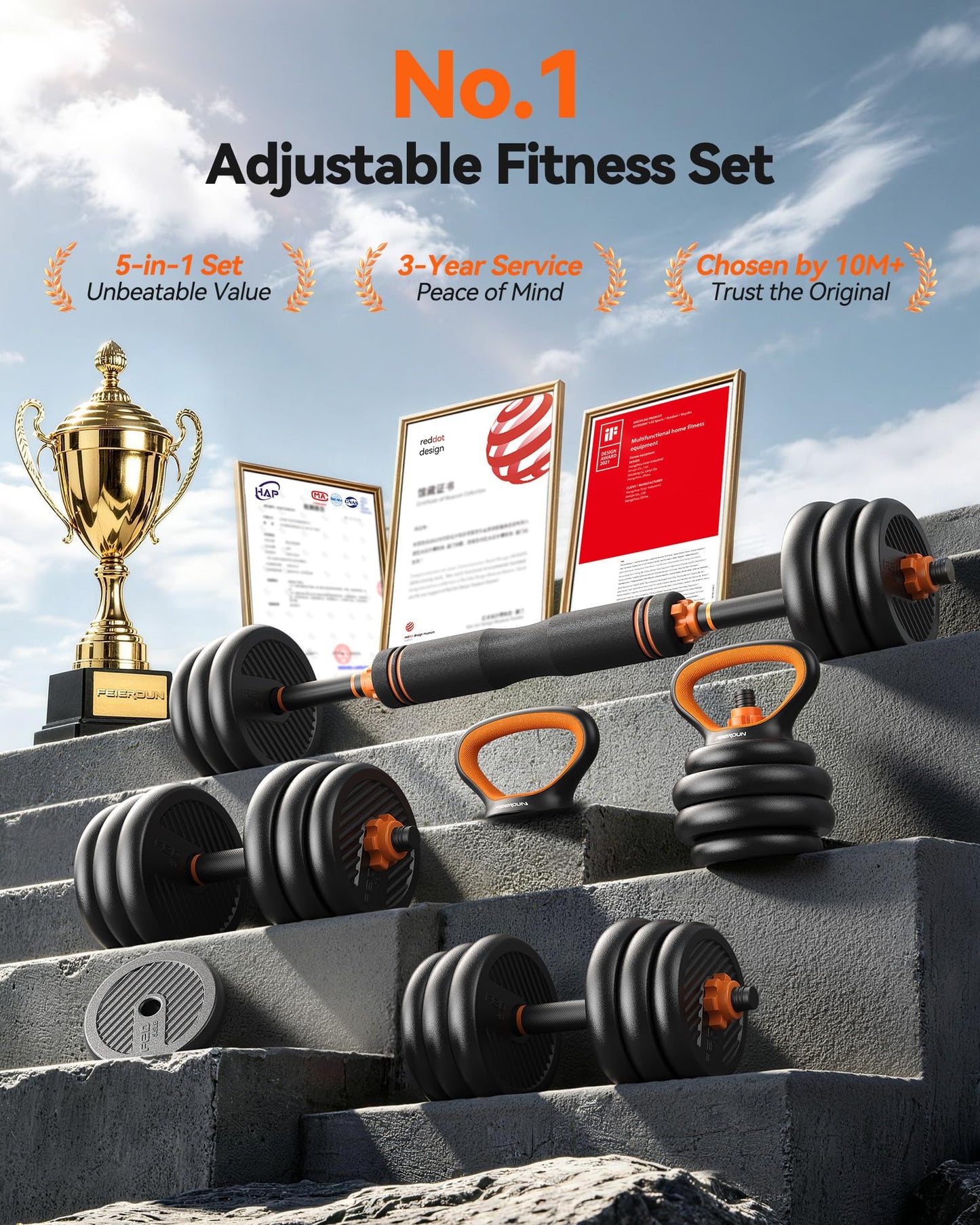 FEIERDUN Adjustable Dumbbells, 50lbs Free Weight Set with Connector, 4 in1 Dumbbells Set Used as Barbell, Kettlebells, Push up Stand, Fitness Exercises for Home Gym Suitable Men/Women