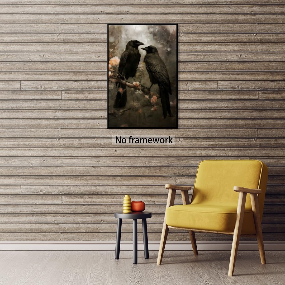Generic Dark Academia Black Crows Wall Art Raven Couple in Dark Forest Wildlife Painting Retro Art Gothic Decor Hallowe'en Canvas Print 12x8 Unframed