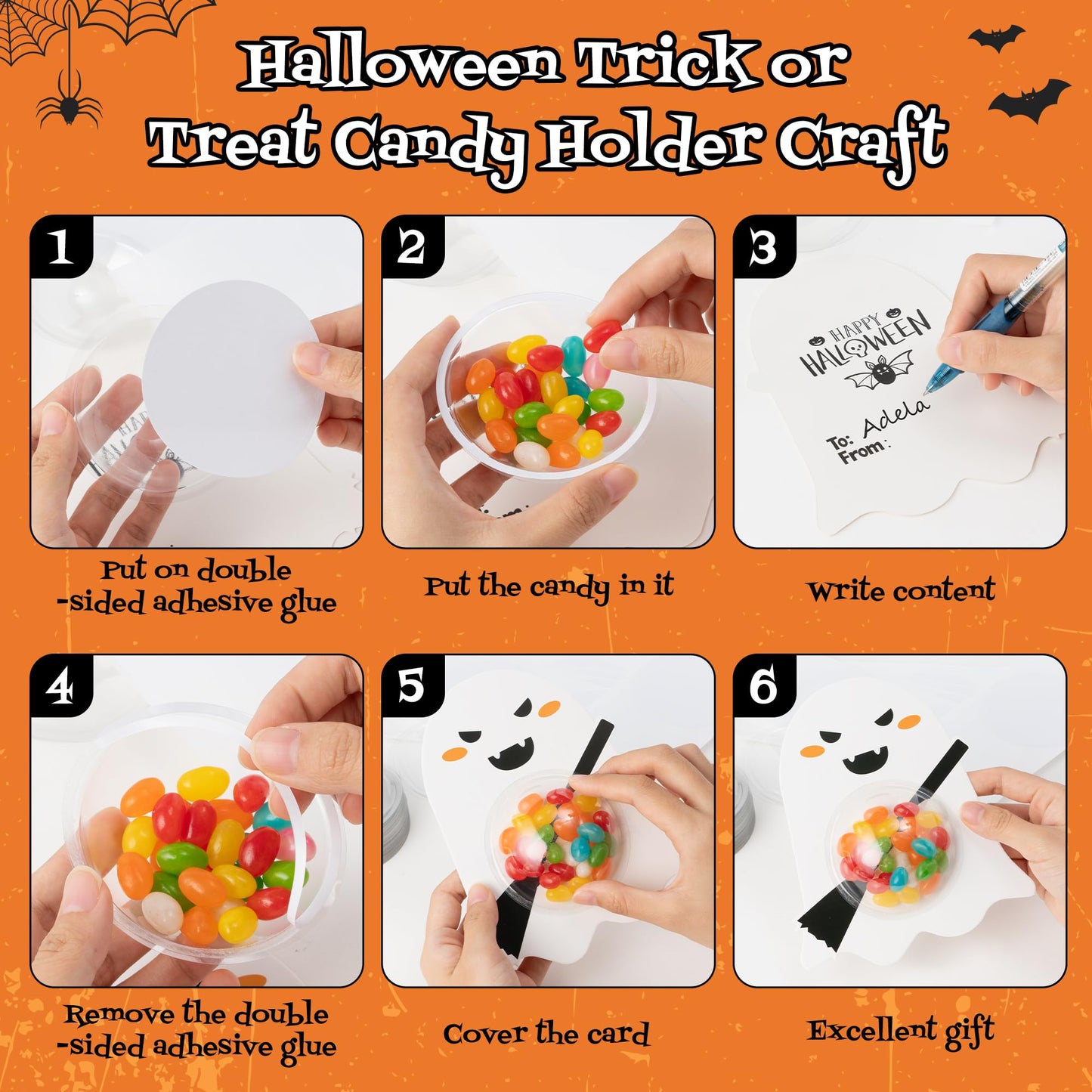 TICIAGA 48set Halloween Ghost Candy Holder Craft Kits for Kids DIY Halloween Ghost Candy Card Gifts Trick or Treat Gifts Happy Halloween Gifts with Round Adhesive Shaker Pouches for School Classroom