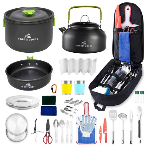 Outdoor Campfire Cooking Set - Complete Camp Kitchen Accessories, Pots, Pans, Utensils for Camping Trips