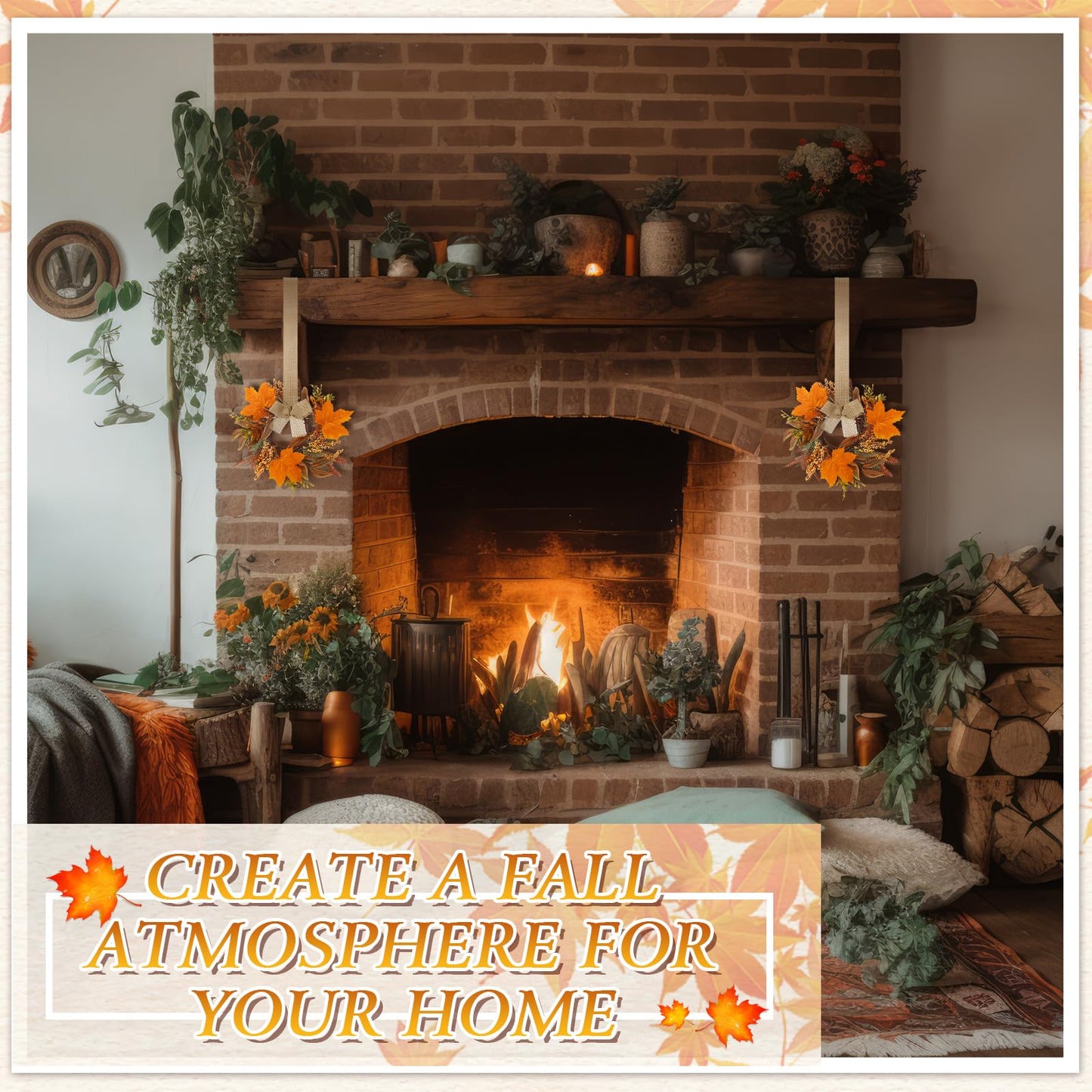 Hoteam 6 Pcs Fall Mini Wreath Thanksgiving Kitchen Cabinet Wreaths with Bow Ribbon Maple Autumn Artificial Faux Garland Small Farmhouse Decorative Garland for Front Door Wall Window(Fall Leaves)