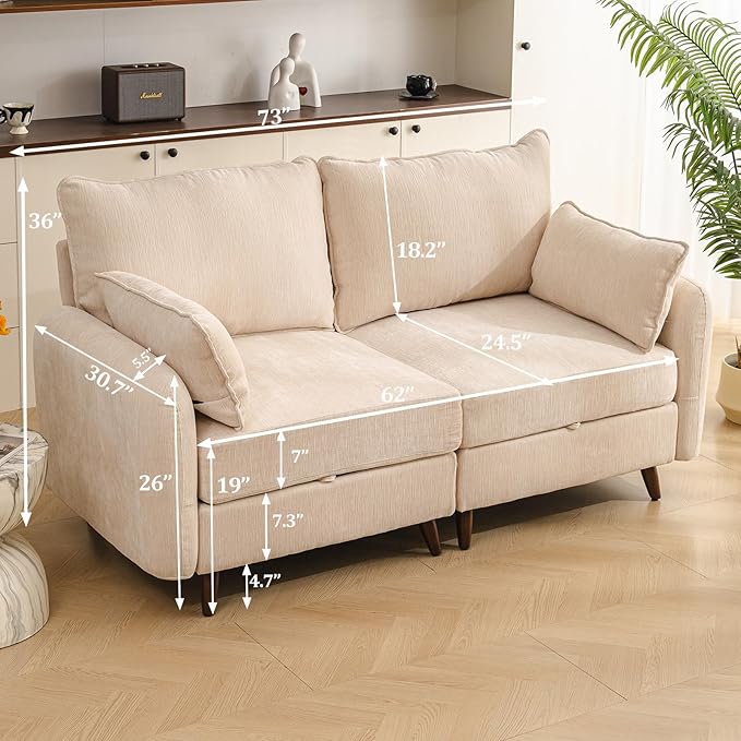 Rexulqo 73'' Loveseat Sofa with All Seats Storage, Modular Sectional Couch with Deep Seat,Oversized Comfy Couch with 7.8'' Cushion,Large Sofa for Living Room,Bedroom,Velet,Cream