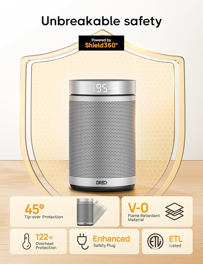 DREO Space Heater, Portable Electric Heaters for Indoor Use with Thermostat, 1-12H Timer, Eco and Fan Mode, 1500W PTC Ceramic Safety Heat for Office Bedroom Home, With Remote, Silver