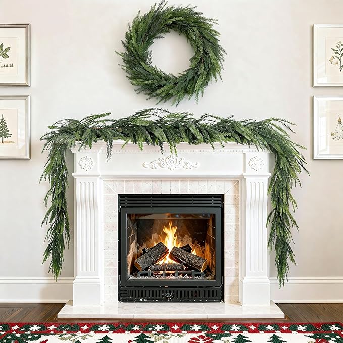 Artificial Norfolk Pine Garlands, 2 Pcs 6 Ft Real Touch Realistic Christmas Garlands, Winter Green Greenery Garlands for Mantle, Table, Wall, Outdoor, Indoor Christmas Decorations (6 FT, 2)
