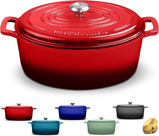 Signature Enameled Cast Iron Oval Dutch Oven | Non-Stick Serving Pot with Tight Fitting Lid for Perfect Roasting, Baking, Sauteing, and Bread Making | 8Q [Red]
