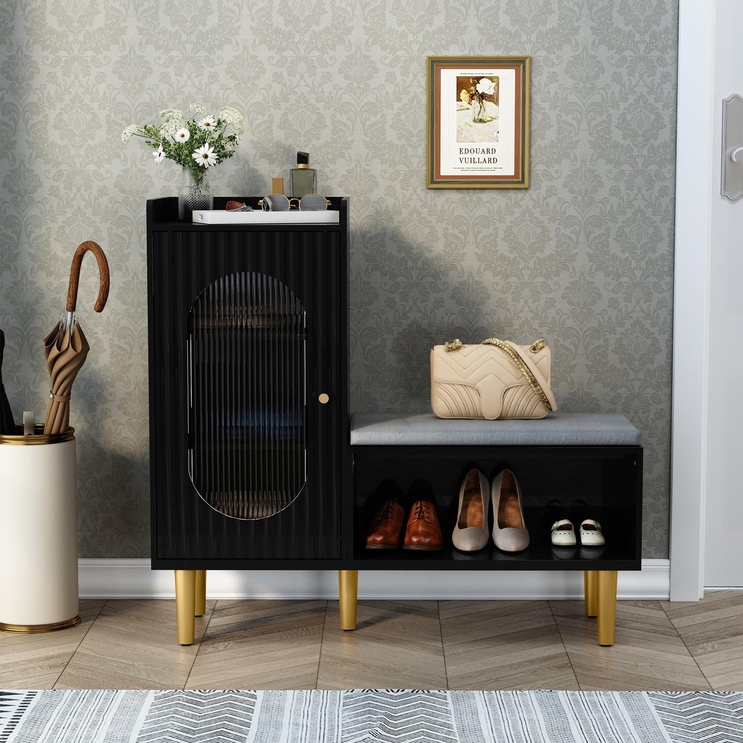 HLR Storage Bench with Glass Door&Shelf, Modern Entryway Shoe Cabinet Bench with Padded Seat, L-Shaped Storage Cabinet for Hallway, Bedroom, Living Room, Office, Black