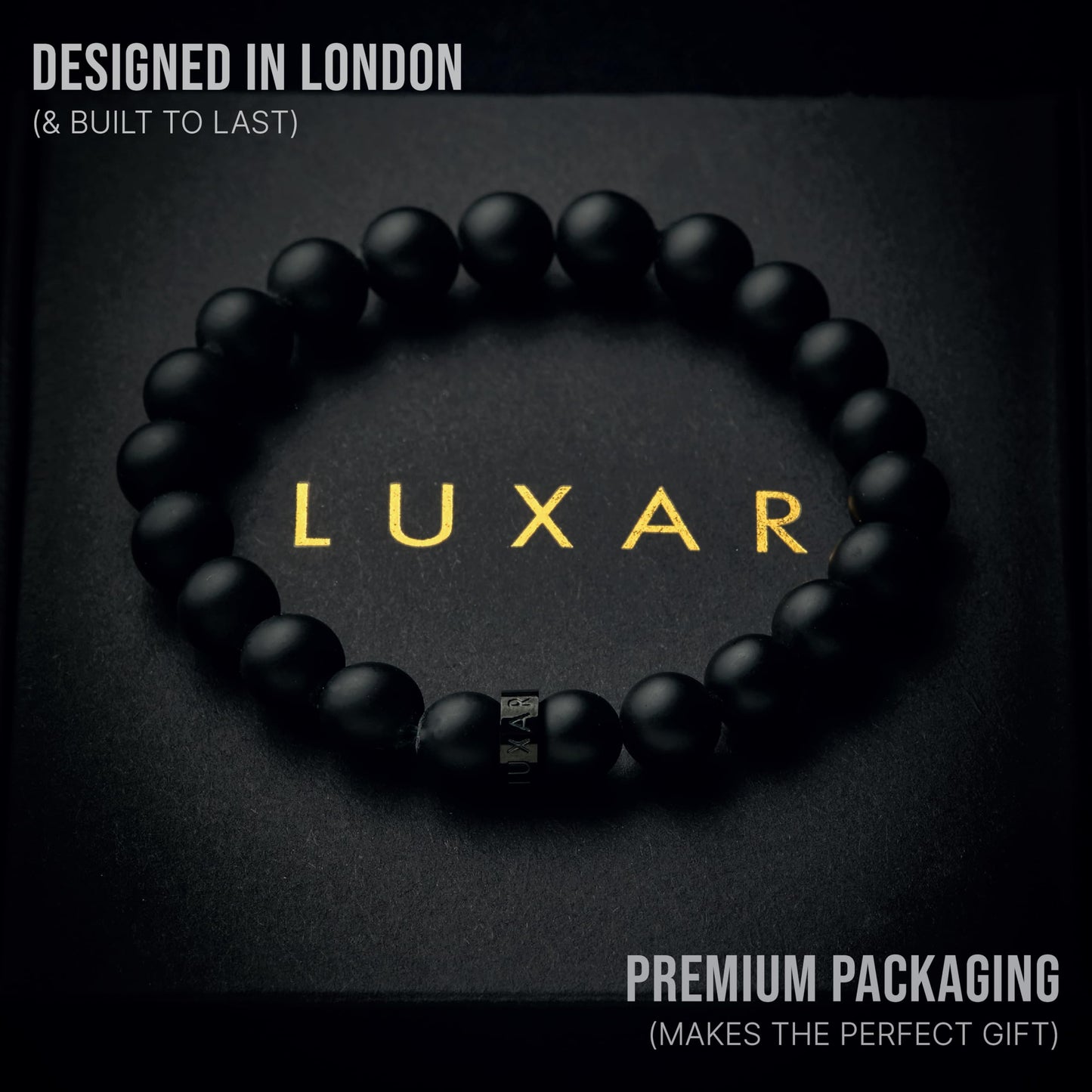 LUXAR Mens Black Onyx Stone Bead Bracelets | Matte Black 8mm Stone | Minimalist, Designer Jewelry for Men (Black, Small)