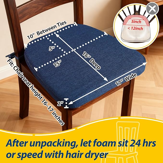 AAAAAcessories D-Shaped Chair Cushions, 2" Thick Dining Chair Pads with Ties and Removable, Machine-Washable Cover, 17" x 16", Blue