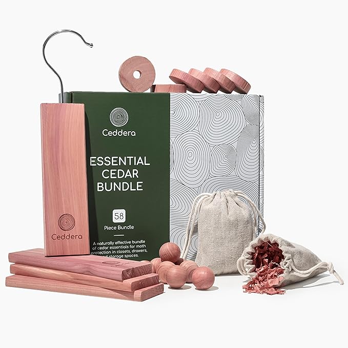 Essential Cedar Bundle | Natural Cedar Blocks for Clothes Storage | Eco Friendly Cedarwood for Closets | Moth Ball Alternative | 58 Total Pieces - 8 Hang Ups, 24 Rings, 24 Balls & 2 Sachets