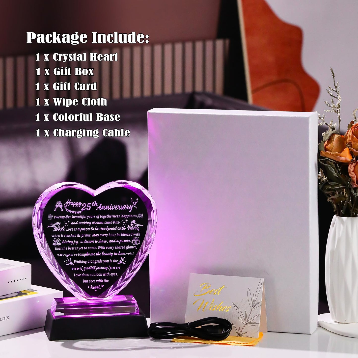 25th Wedding Anniversary Crystal Gifts for Couples, Romantic Heart Happy Silver Anniversary Keepsake Gift for Wife Husband with LED Light Base, 25 Years of Marriage for Her Him Party Decor