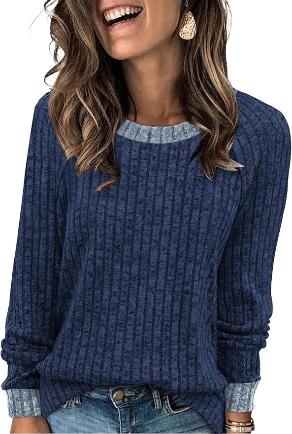 WIHOLL Long Sleeve Shirts for Women Lightweight Sweaters Fall Outfits 2025 Color Block Winter Clothing Dressy Casual Soft