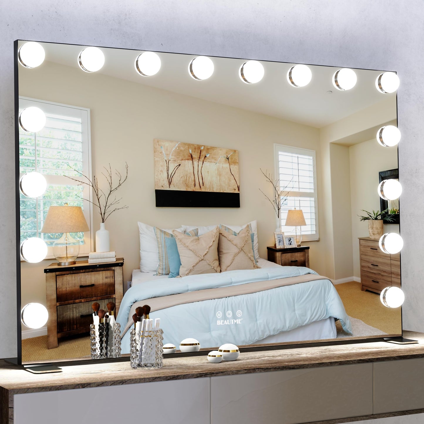 BEAUTME Large Vanity Mirror with Lights, 35.9''×24.3'' Hollywood Makeup Mirror with 16 Dimming LED Bulbs, 3 Lighting Modes, Touch Control, Tabletop or Wall Mounted, Black