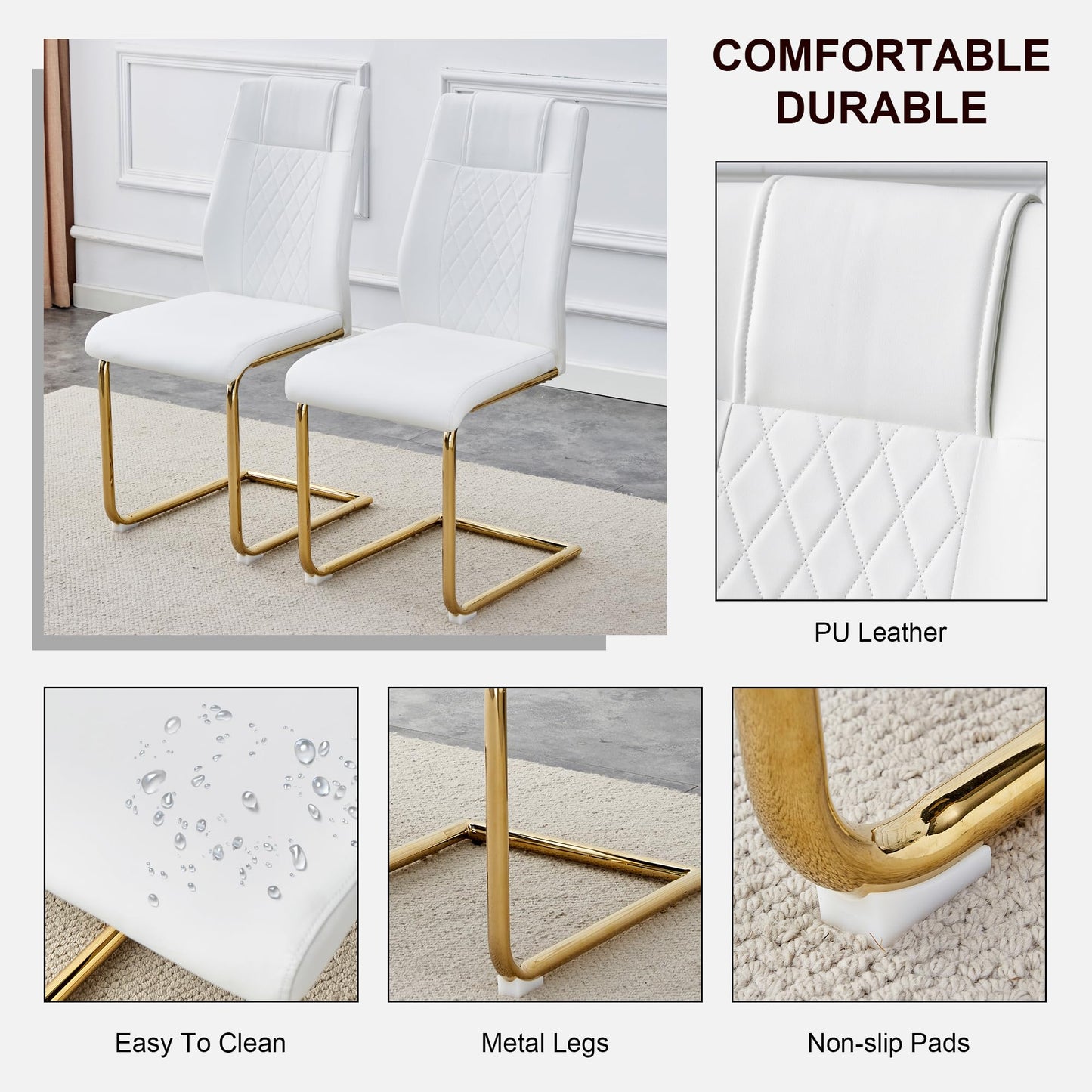 gopop Dining Table Set for 6, Kitchen Table Chairs Set of 6, 55" White High-Gloss Lacquered Tabletop & Electroplated Metal Frame, Modern Kitchen Tables with 6 Chairs for Dining Room
