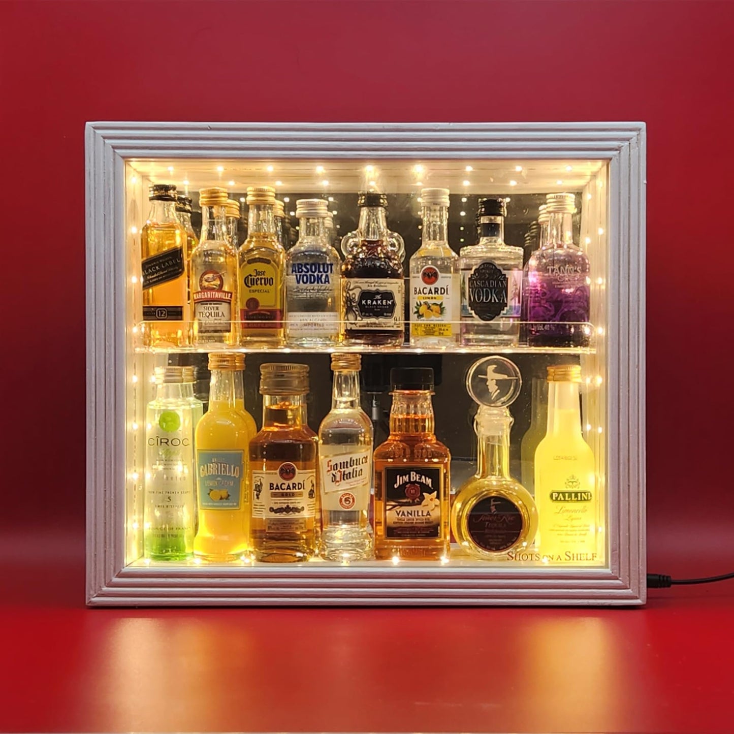 Shots On A Shelf - The One & Only Miniature Liquor Bottle Cabinet. Led Lighting, Hinged Glass Door! Guests Will Love This Showcase! - White/Mirror
