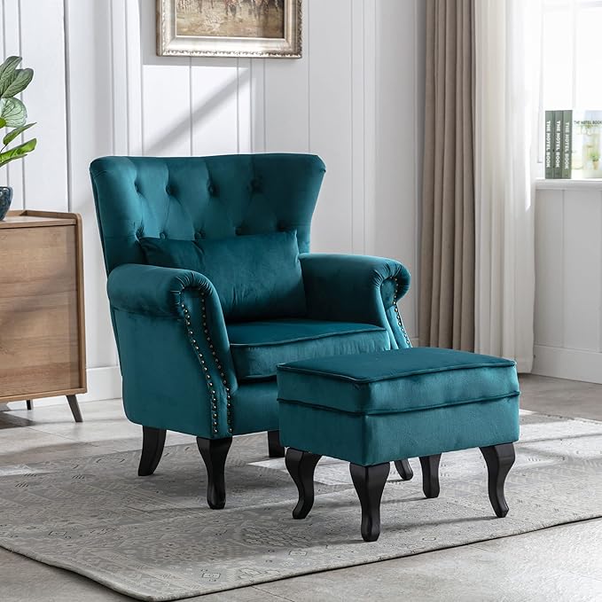 DM Furniture Mid Century Accent Chair with Ottoman Modern Button Tufted Armchair Wingback Club Chair Velvet Single Sofa Lounge Chair with Pillow for Living Room Bedroom, Teal Blue