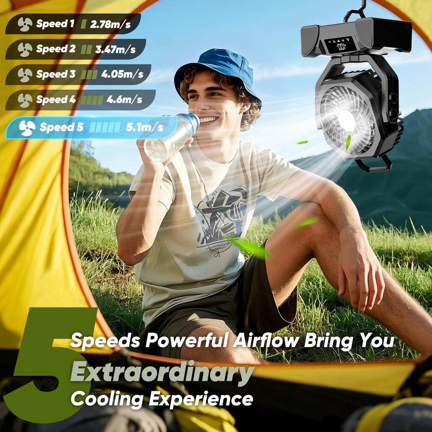 20000Mah Camping Fan, Rechargeable Battery Powered Fan With Remote Control, Portable Tent Fans Battery Operated With Light, 5-Sp