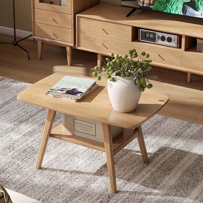 Wayshome 100% Solid Oak Wood Coffee Table for Living Room, Small Table with Shelf Storage, Mid Century Modern Coffee Tables with Rounded Corners for Home (Natural, 31.49" x 19.68" x 17.32")