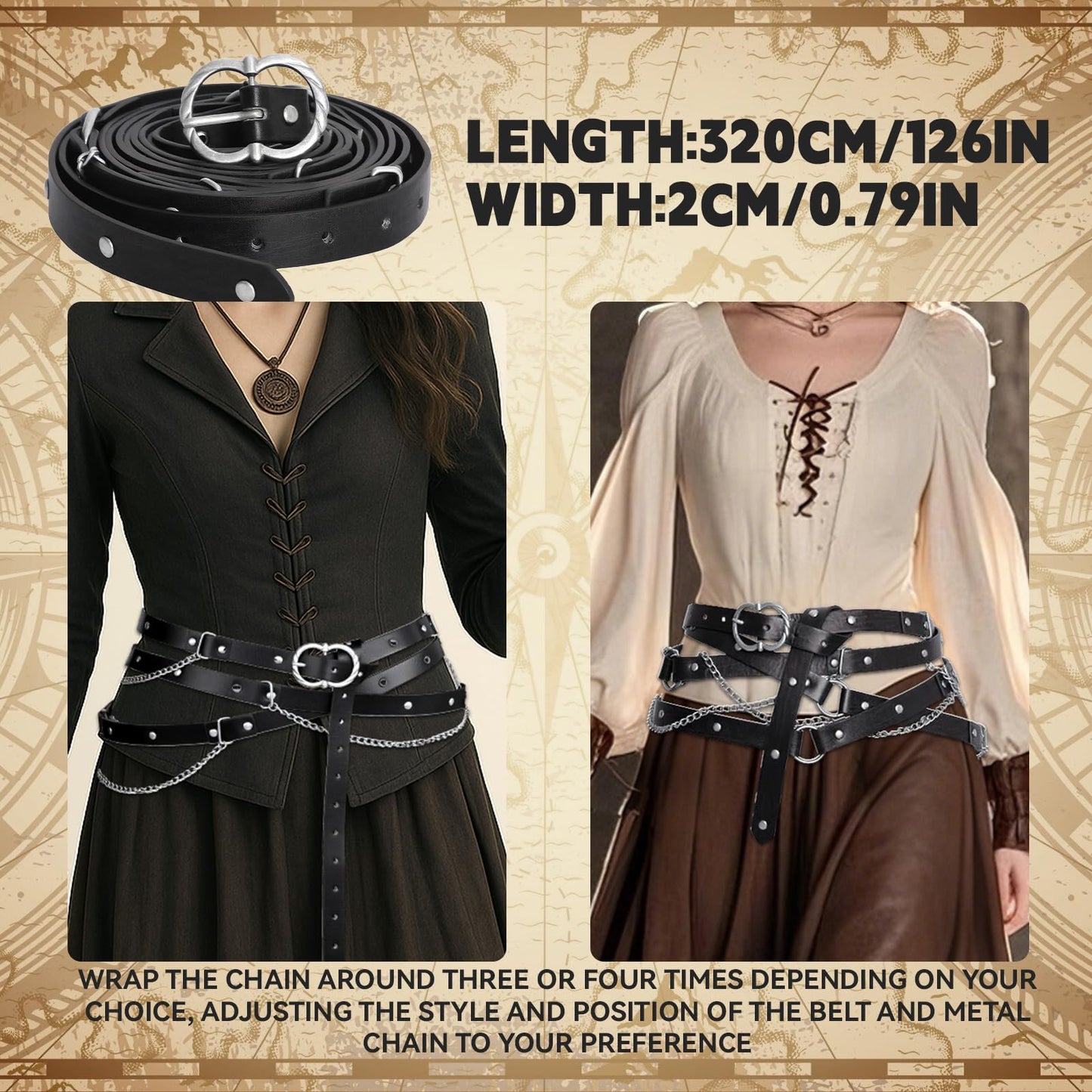 TobWeaL Medieval DIY Pirate Belt, Metal Chain Adjustable Leather, Retro Renaissance Belts for Women Dresses (black, a)