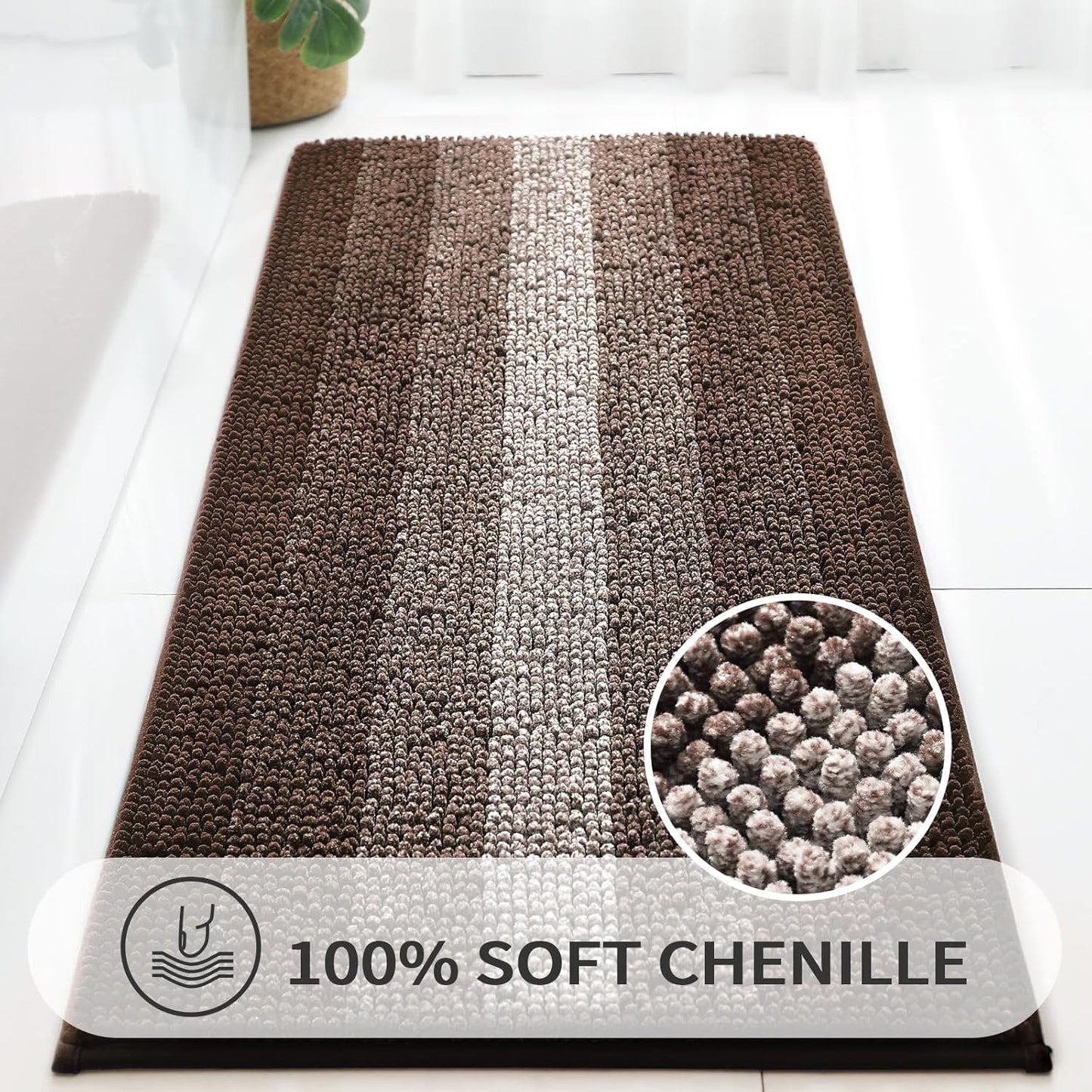 Gibelle Long Bathroom Rugs, Luxury Chenille Bath Mat, Small Non Slip Shower Rug and Bath Room Floor Mats, Machine Washable, Quick Dry Bathmat, Soft Cozy Plush Rug for Tub, 20" x 47", Brown