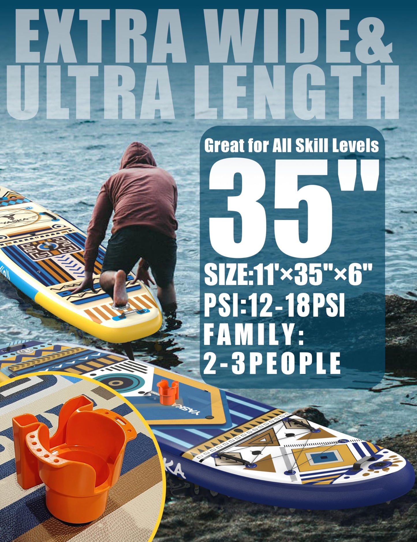 YASKA Inflatable Stand up Paddle Board 11ft with Cup Holder SUP Accessories,Extra Wide Design Non-Slip Paddleboard for Beginner Adults Advenor Yoga Fishing