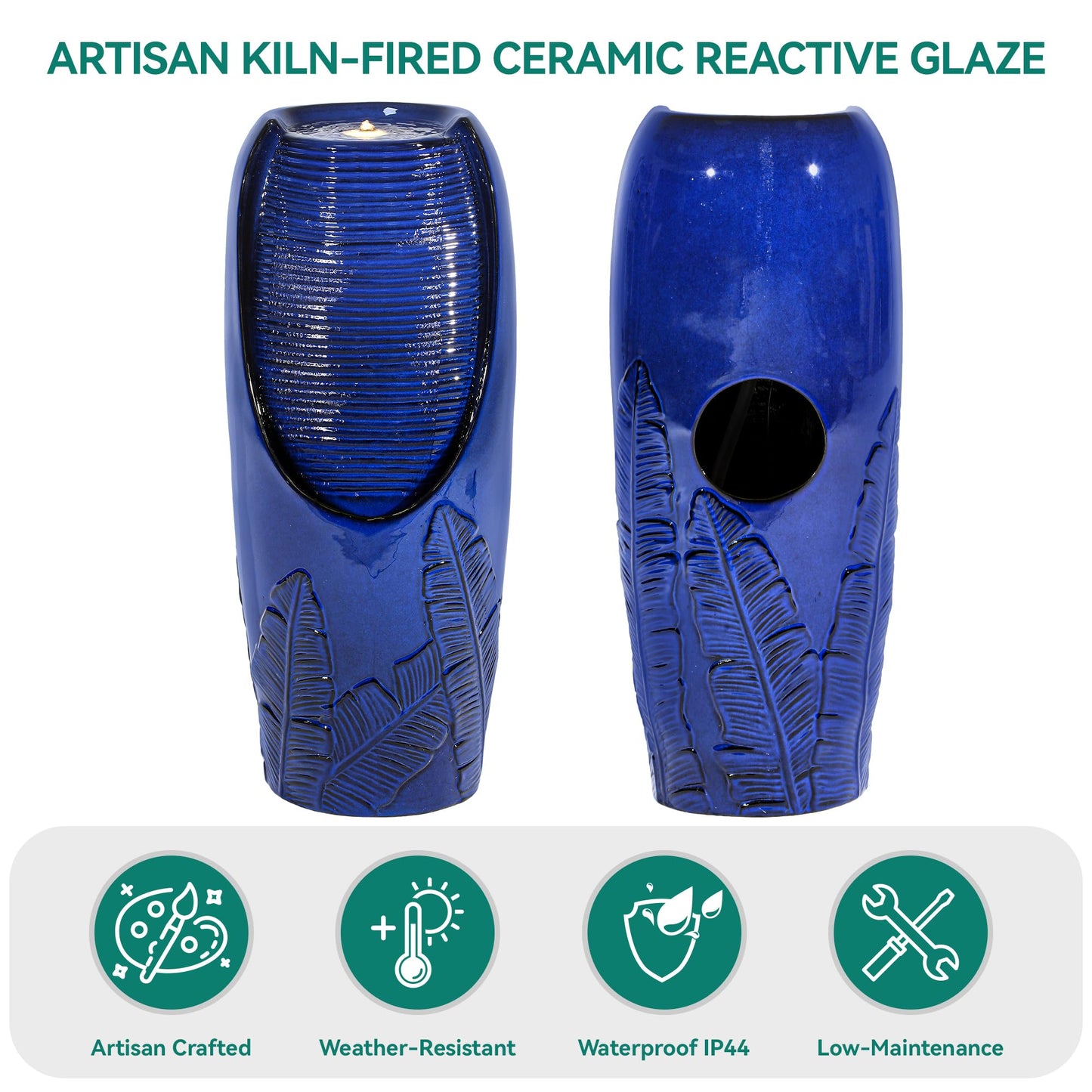 Autodaya 33" H Outdoor Garden Fountain with LED Lights, Modern Ceramic Jar Water Fountain, 3D Tropical Leaf Pattern, Cobalt Blue Glaze, Soothing Cascading Waterfall for Relaxing Patio, Yard, Porch