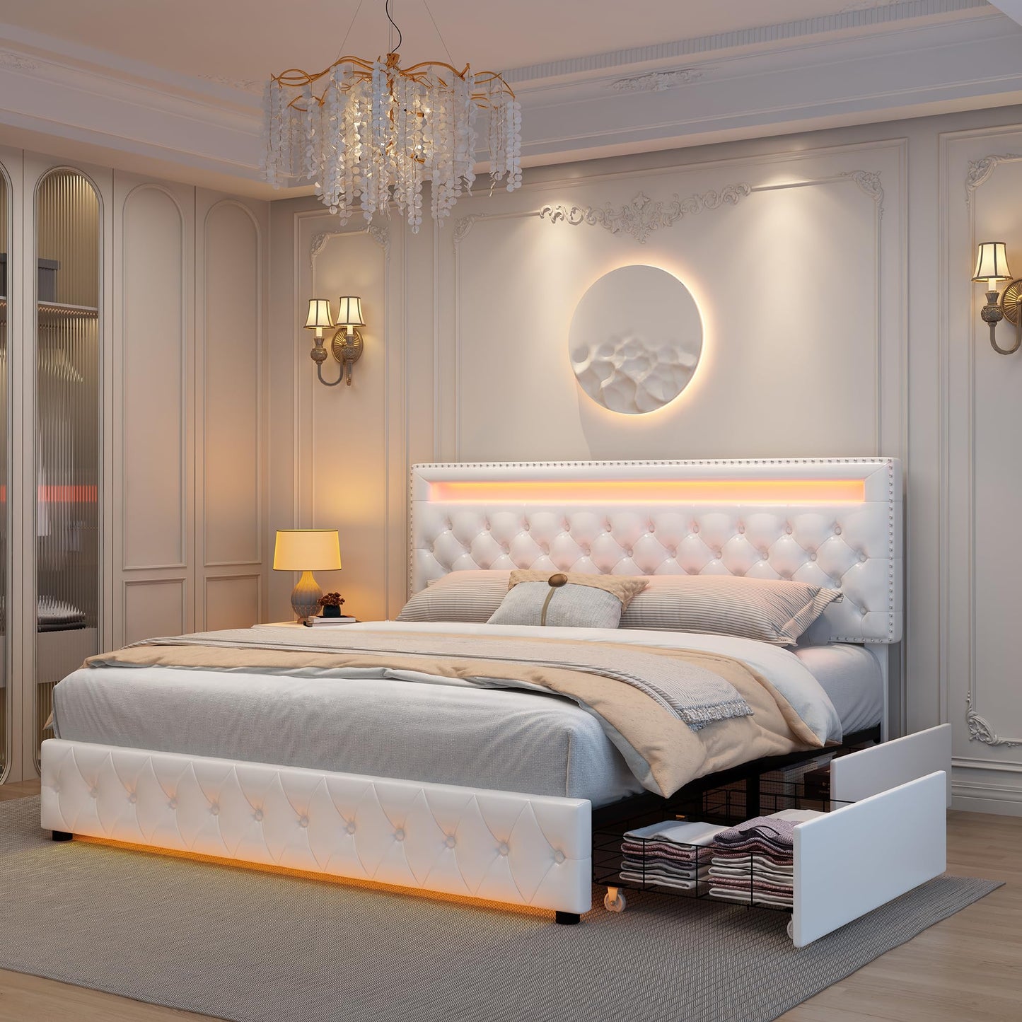 GEGOFORU Queen LED Bed Frame with 4 Storage Drawers, Adjustable LED Headboard, Remote & App Control Lights, Plush Upholstered Platform with Silver Nailhead Trim, No Box Spring Needed - White
