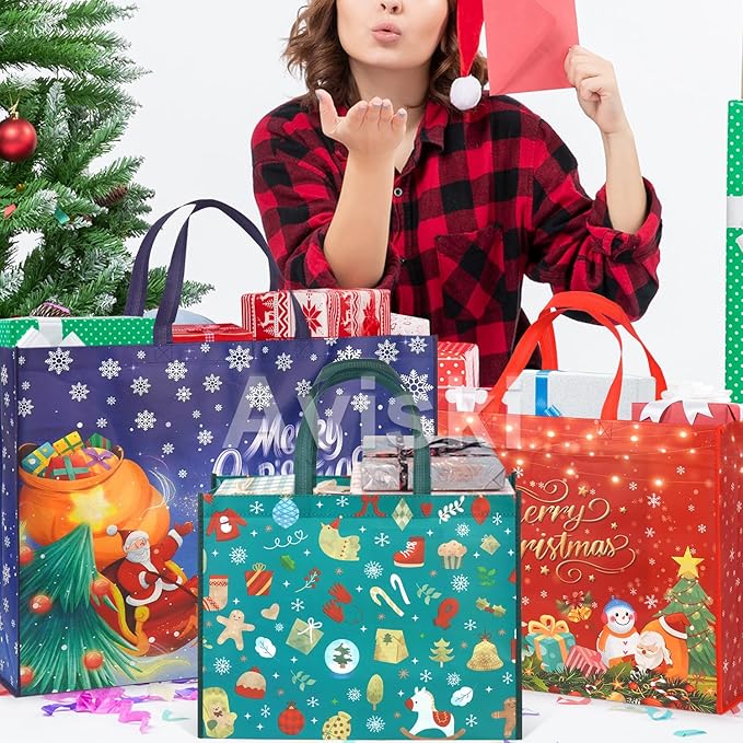Aviski 3PCS Giant Christmas Gift Bags, Assorted Sizes, Heavy Duty Tote Grocery Treat Sewing Non-Woven Jumbo Bags with Handles for Gifts Wrapping Shopping, Xmas Party Supplies