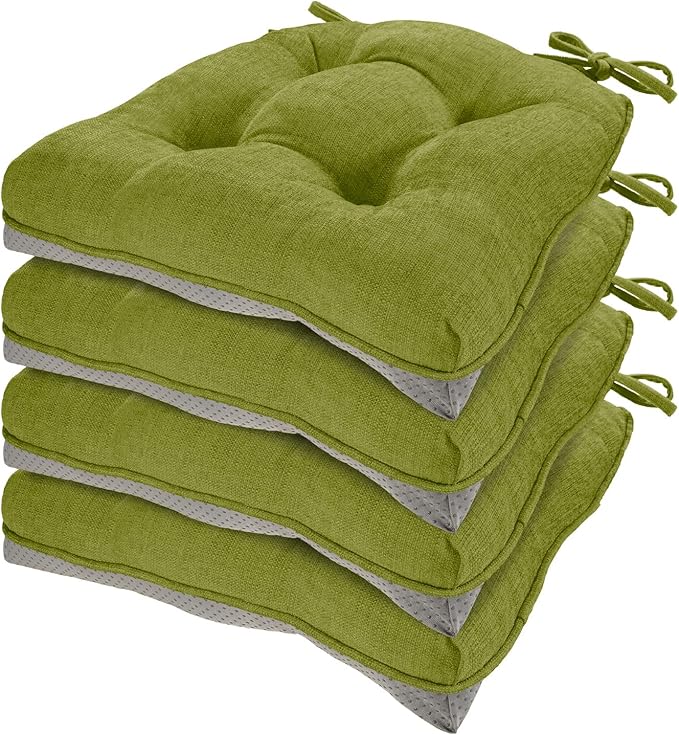 HARBOREST Chair Cushions for Dining Chairs Set of 4 - Chenille Tufted Kitchen Chair Cushions with Ties and Non-Slip Bottom, Foam Chair Pads for Dining Chairs, 17" x 17", Green