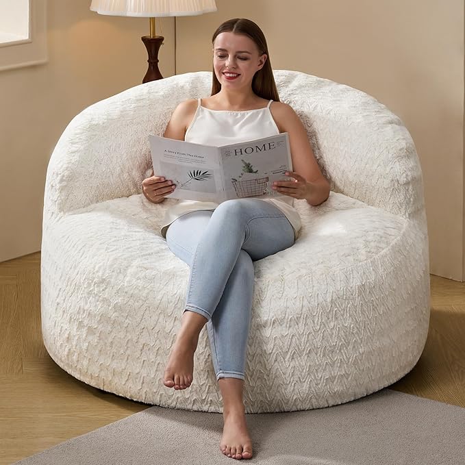 Hobestluk Bean Bag Chair Giant Bean Bag Chairs for Adults Big Bean Bag Chair with Memory Foam Filler Adults Large Beanbag with Faux Fur Cover for Bedroom (Chevron White,Large)