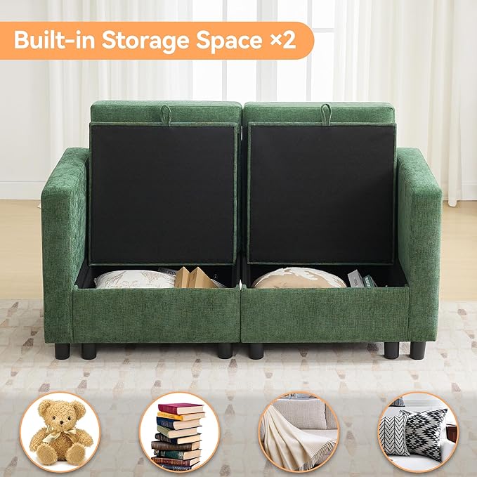 WUTUTUEE 58”Modular Sectional Loveseat Sofa, Modern Love Seat 2 Seater Sofa Couch with Storage, Chenille Modular Sectional Couch for Living Room, Bedroom, Office, Small Apartment, Dark Green