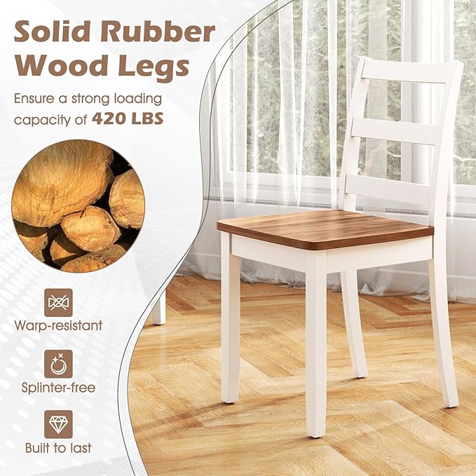 Giantex Dining Chairs, Wooden Armless Kitchen Chairs with Solid Rubber Wood Legs, Farmhouse Ladder Back Dining Chairs for Dining Room (2, White+Brown)