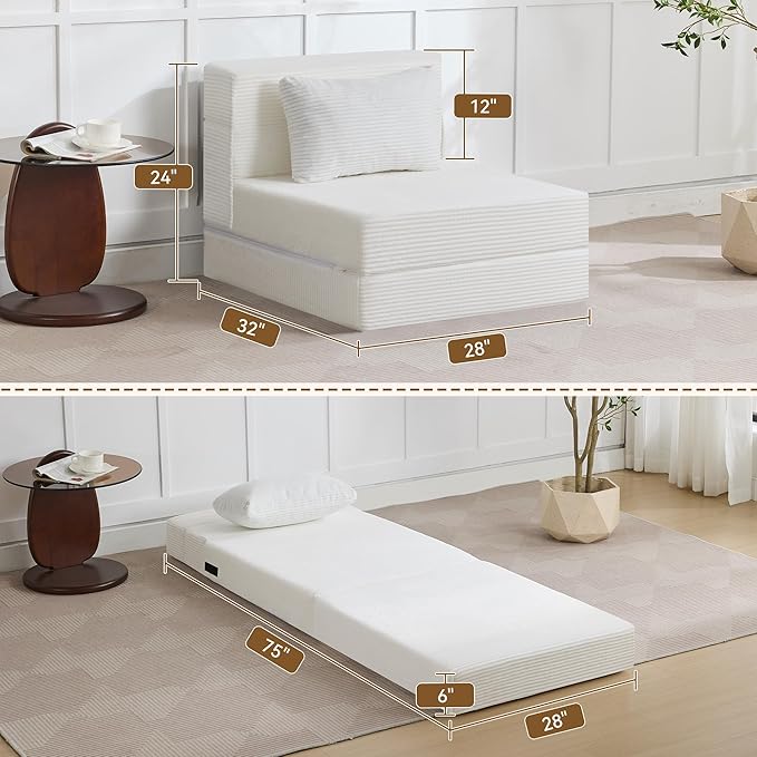WUTUTUEE Folding Sofa Bed Convertible Floor Couch Foldable Chair Bed with Pillow，Linen Sleeper Chair Futon,Foldable Memory Foam Mattress for Bedroom/Living Room/Dorm/Office (Corduroy White, Single)