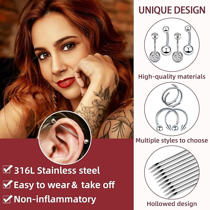 103PCS Piercing Kit for all Body Piercings Stainless Steel Piercing Jewelry with 12G 14G 16G 20G Piercing Needles and Tools for Nose Septum Belly Button Lip Ear Tongue Cartilage Eyebrow Tragus