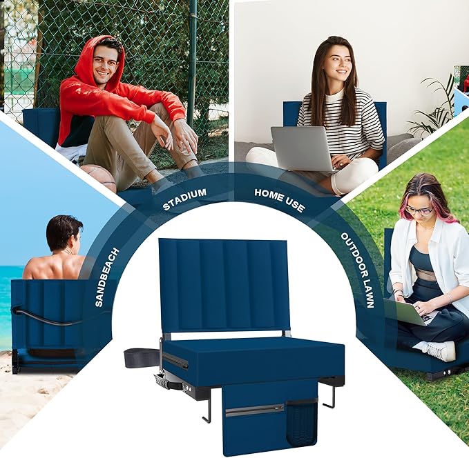 Aliphon Stadium Seat for Bleachers with Back Support and Cushion, Bleacher Seats with Shoulder Strap and Cup Holder, Padded Portable Folding Comfort Stadium Chair, for Sports Events, Navy Blue (1pcs)
