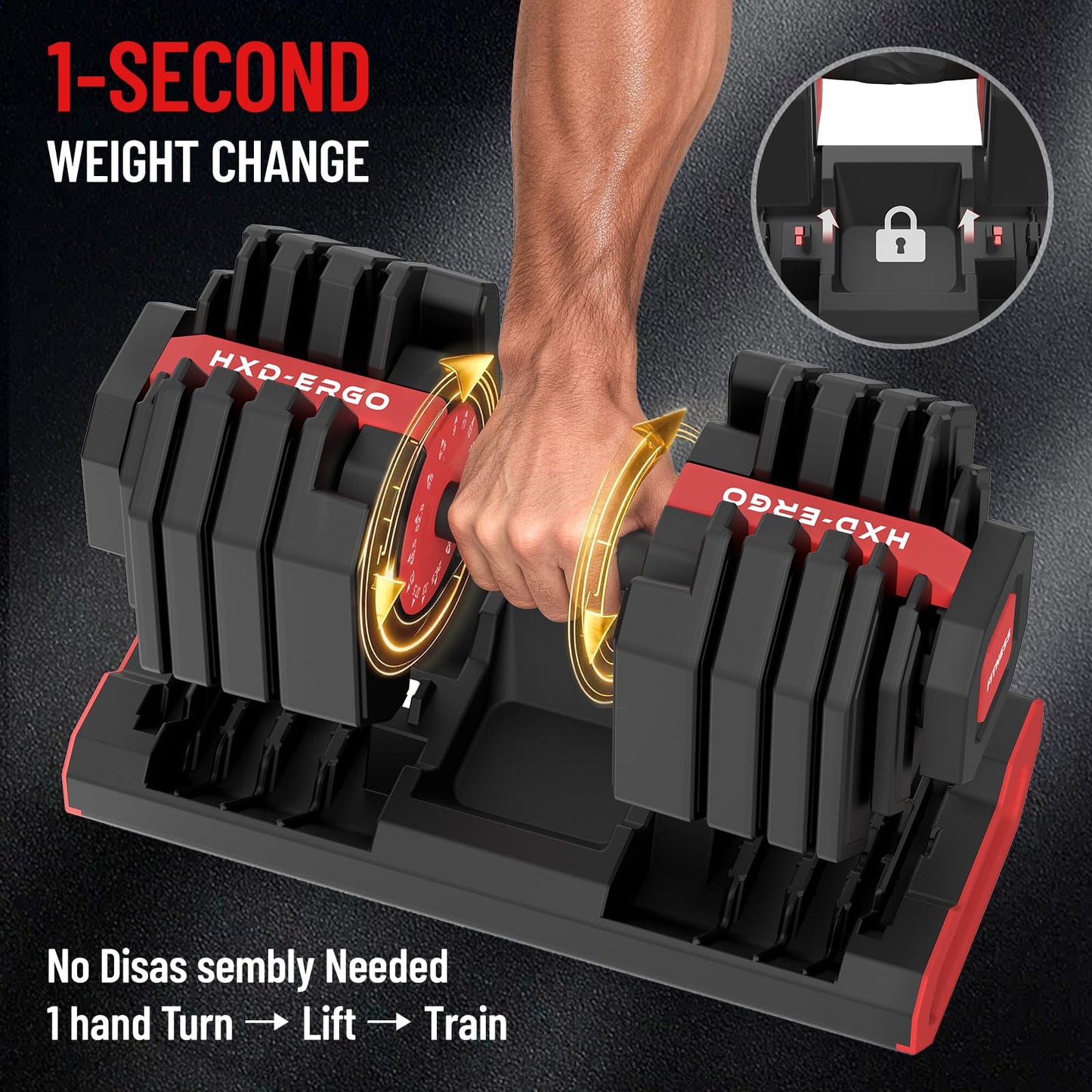HXD-ERGO 15 IN 1 Adjustable Dumbbell Set/Single, 1-Second Quick Change Weights, 55/110 LBS Free Weights Adjustable Dumbbell with Anti-Slip Grip & Secure Lock, Space-Saving Home Gym Equipment for Men/Women Full Body Workout (Pair, 110LBS)