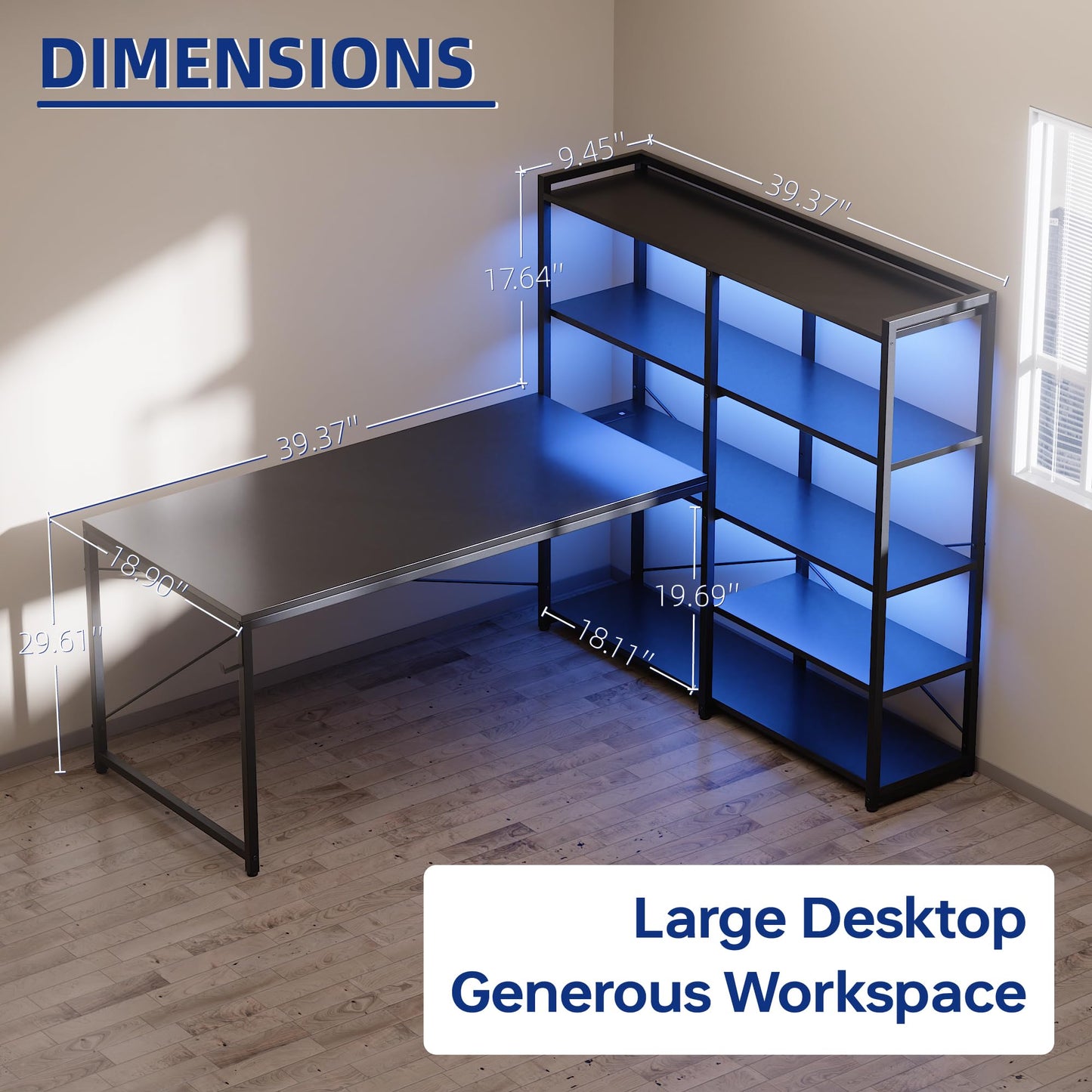 Pamray L Shaped Computer Desk with Reversible Side Storage Shelves, 49 Inch Gaming Desk with Power Outlets and Led Lights, PC Table for Home Office and Bedroom Grey