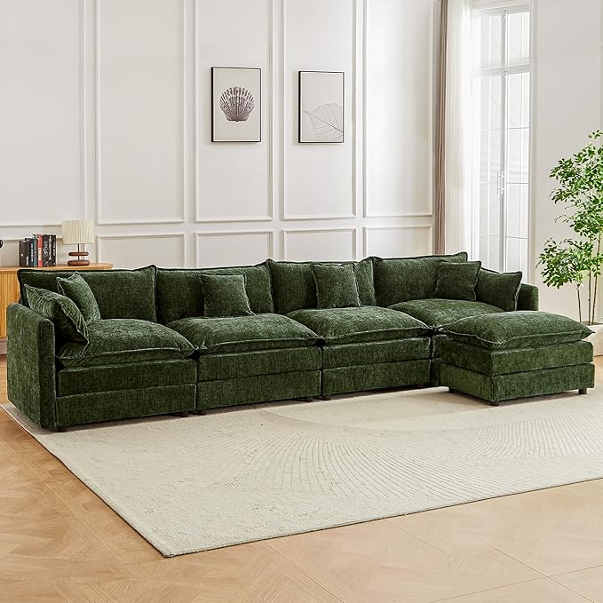 saows Modular Sectional Sofa, 147.2 Inch L Shaped Couch Set with Armrests, 4-Seater Comfy Cloud Couches with Movable Ottoman for Living Room Apartment, Green