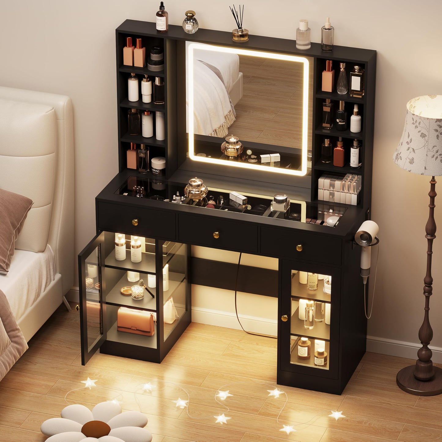 Black Vanity Desk with Mirror and Lights, 43.4" Makeup Vanity Table Set with Lighted Mirror & RGB Glass Cabinet, 3 Drawers, Glass Top Dressing Table with Large Shelves for Girls, 3 Color Modes