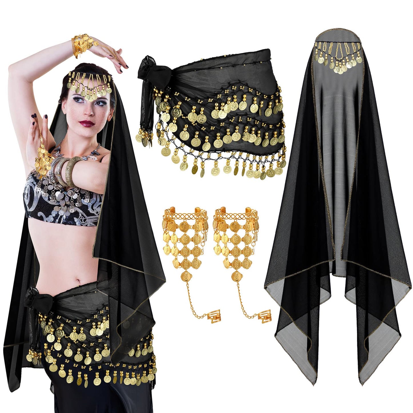 Eurzom 4 Pcs Gypsy Costume Women Belly Dance Outfit Gypsy Accessories Head Scarf with Coins Hip Scarf Bracelet(Black)