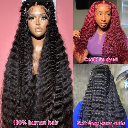 AskWish 180% Density 13x6 Deep Wave Lace Front Wigs Human Hair Pre Plucked Glueless Transparent HD Lace Frontal Wigs Human Hair Brazilian Virgin Black Hair Natural Hairline 20 Inch Wig