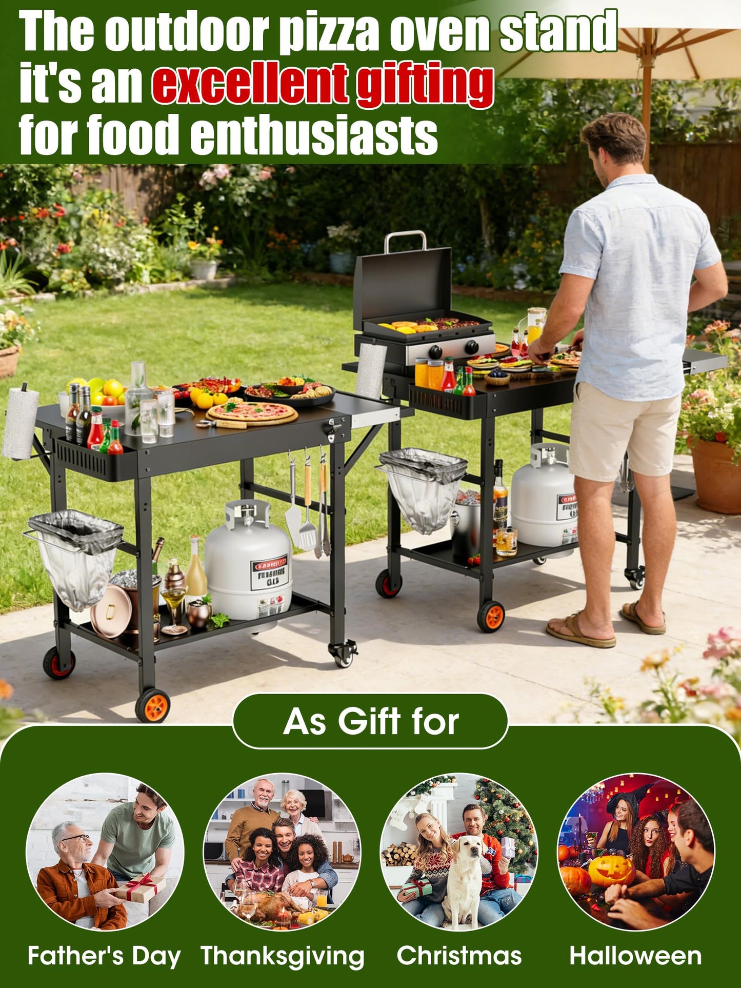 Outdoor Pizza Oven Table, Movable Grill Side Table, Expansive Countertop Pizzas Oven Accessories, Pizzas Stands for Party with Wheels, Fits Ooni Blackstone Ninja Cuisinart Gozney