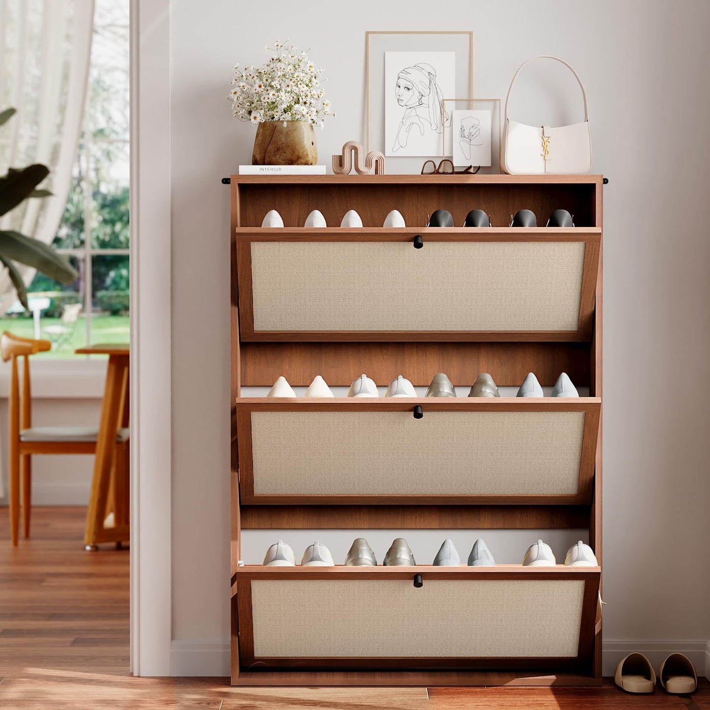 AVZEAR Narrow Shoe Storage Cabinet for Entryway with Natural Linen Panel, Freestanding Slim Shoe Cabinet with 3 Flip Drawers, Wood Shoe Organizer Closed Shoe Rack for Hallway, Living Room(Walnut)